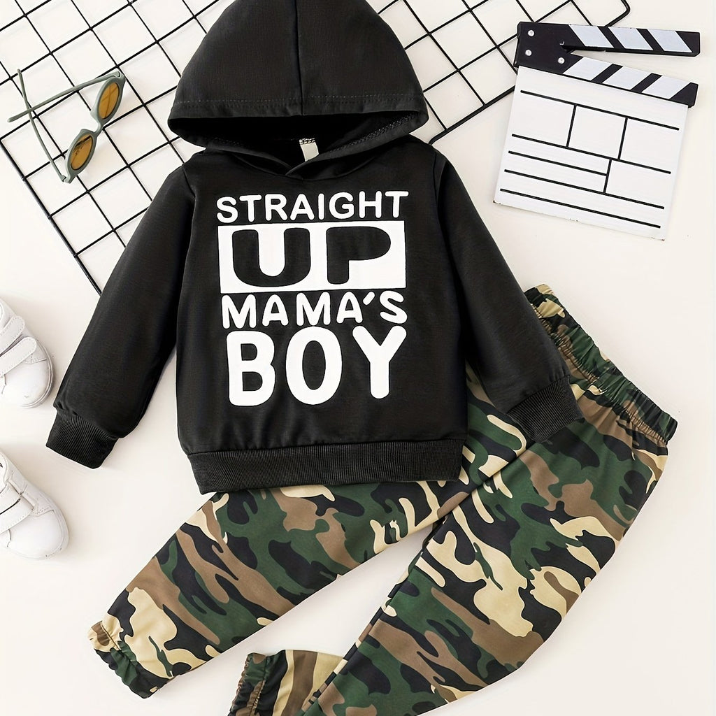 Boy's Casual Hoodie With Slogan + Camo Pants For Autumn & Winter Daily And Outdoor Wear