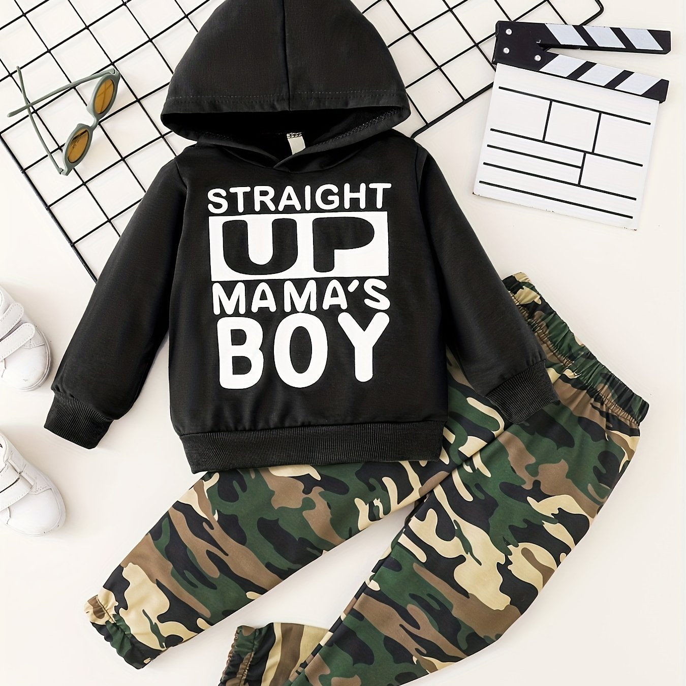 Boy's Casual Hoodie With Slogan + Camo Pants For Autumn & Winter Daily And Outdoor Wear