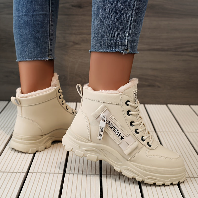 Women'S Winter High-Top Boots - Warm Fleece-Lined Ankle Boots with Thick Rubber Sole, Lace-Up Casual Style, White & Beige, Perfect for Cold Weather Comfort, Winter Boots