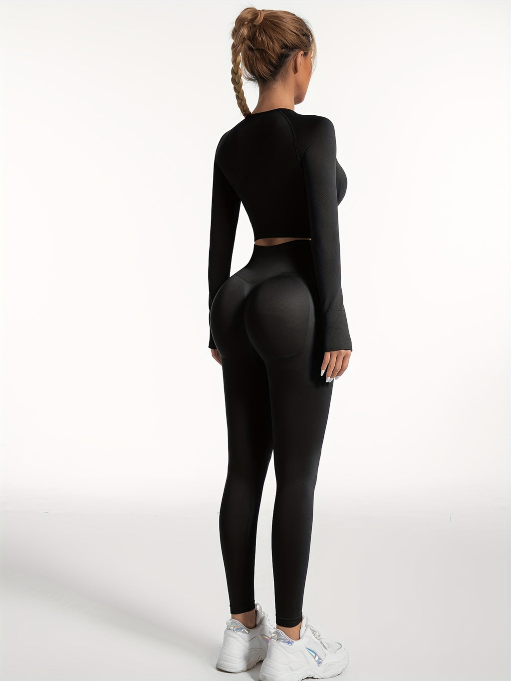 Women's Yoga Sports Suits, Seamless Stretchy Fitness Suits, Long Sleeve Thumb Hole Cropped Top & Slimming Leggings, Women's Activewear