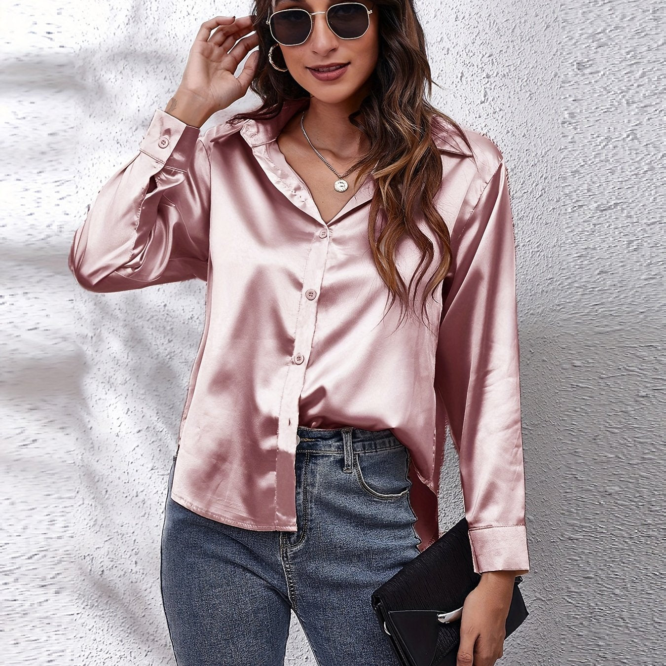 Solid Color Long Sleeve Button Down Tops, Business Casual Blouses For All Seasons, Women's Clothing