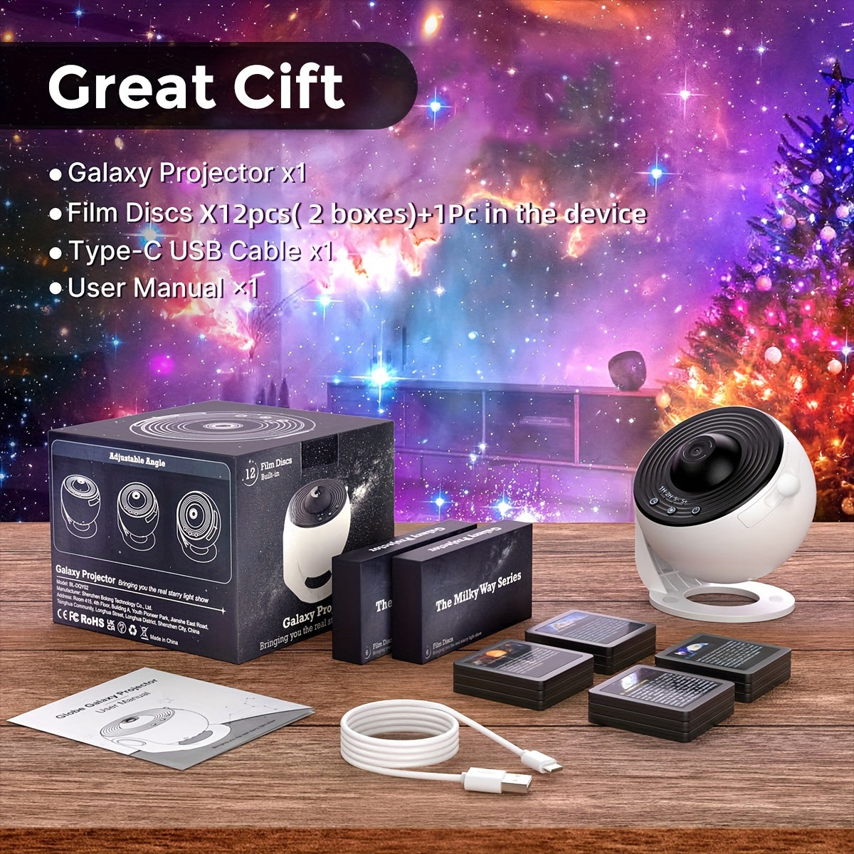 FUCTION 12-in-1 Star and Planetarium Projector - USB-Powered, Modern Space-Themed Night Light with Aurora Effects for Bedroom, Ideal for Youngsters and Adults, Adjustable Display Settings, FUSSIO