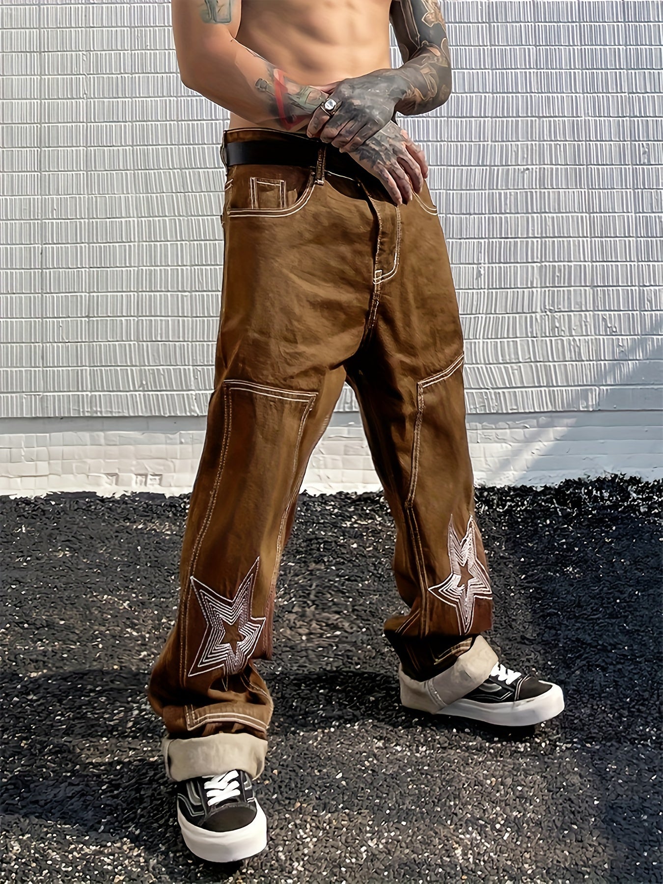 Y2k Letter Print Wide Leg Loose Fit Jeans, Men's Casual Slightly Stretch Street Style Multi Pocket Baggy Denim Pants For Spring Summer