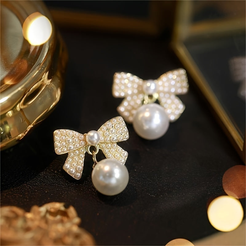 Faux Pearls Elegant Stud Earrings Bowknot Shape Ear Jewelry Decorations For Women & Girls