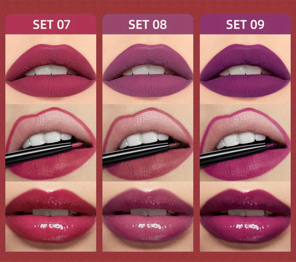 Lip Liner, Lipstick And Lip Gloss Trio Set, Matte Liquid Lipstick + Matching Lip Liner + Lip Gloss Nude Velvety Lipstick Makeup Kit Gift Set, Waterproof Long Lasting, Contains Plant Squalane Formula