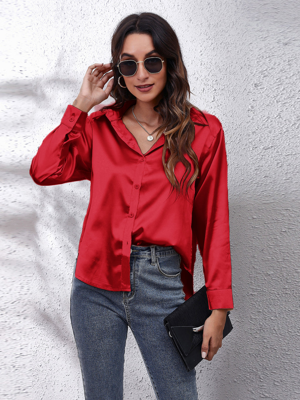 Solid Color Long Sleeve Button Down Tops, Business Casual Blouses For All Seasons, Women's Clothing