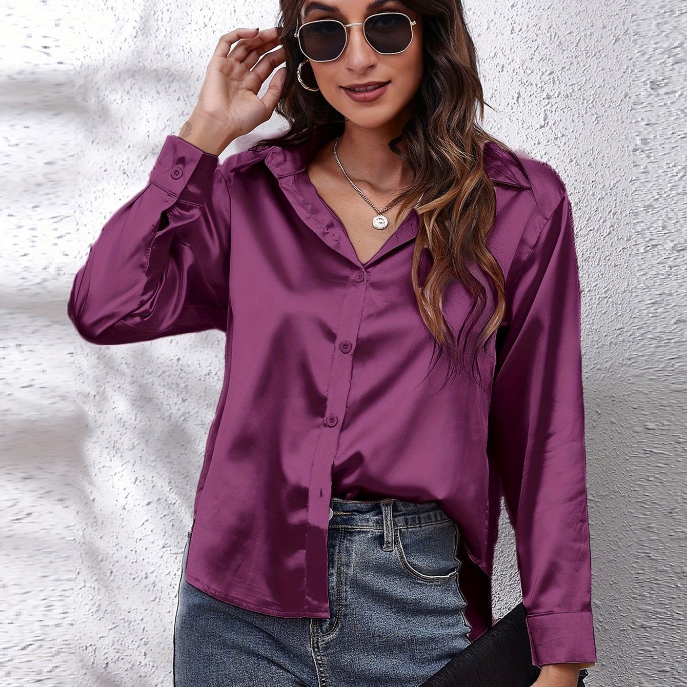 Solid Color Long Sleeve Button Down Tops, Business Casual Blouses For All Seasons, Women's Clothing