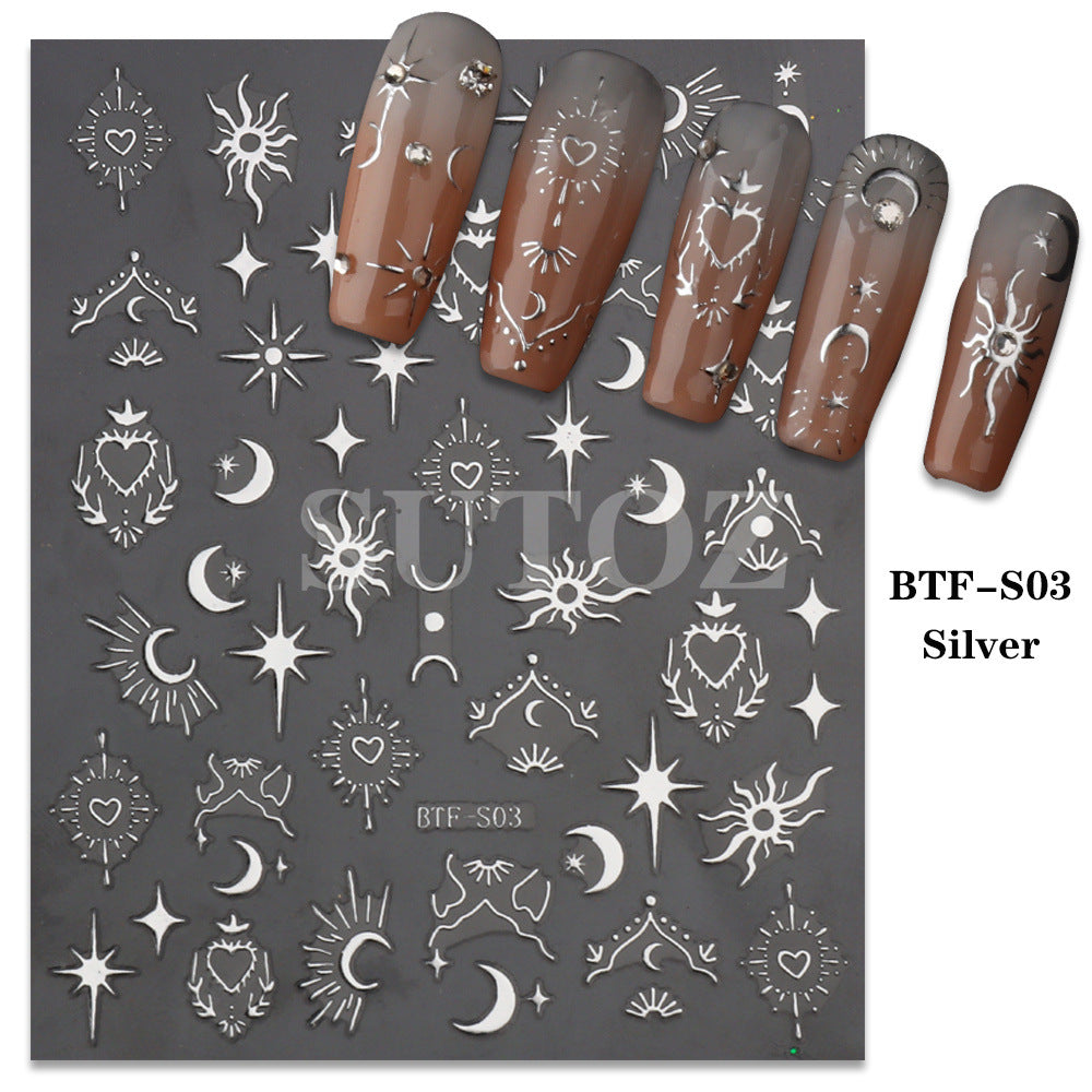 Golden Sun, Moon, and Star Nail Art Stickers - Self-Adhesive 3D Decals for French Nail Design and DIY Decoration