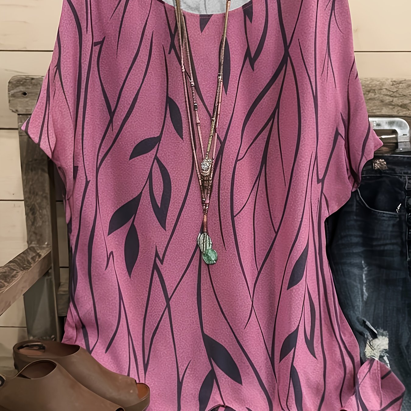 [Plus Size Elegant Floral Tee] Plus Size Elegant T-shirt, Women's Plus Casual Floral Print Round Neck Half Sleeve Tee