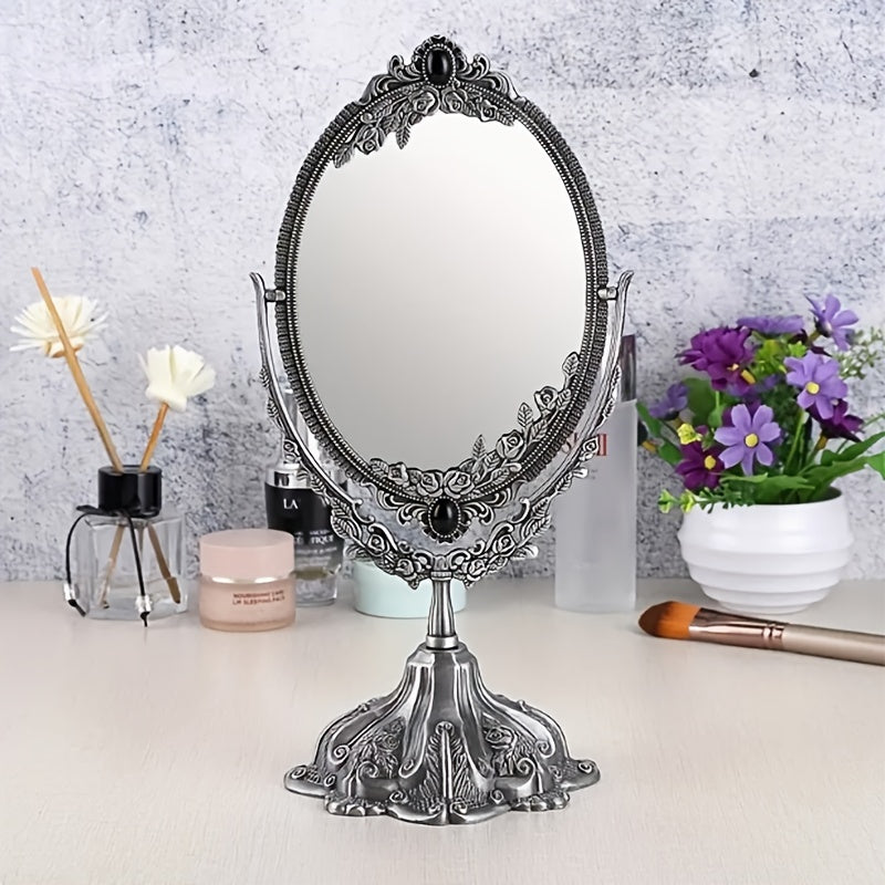1pc Metal Desktop Antique Decorative Makeup Mirror, Vintage Rotating Double Sided Makeup Mirror With Frame, Tabletop Oval Vanity Mirror For Bathroom Bedroom
