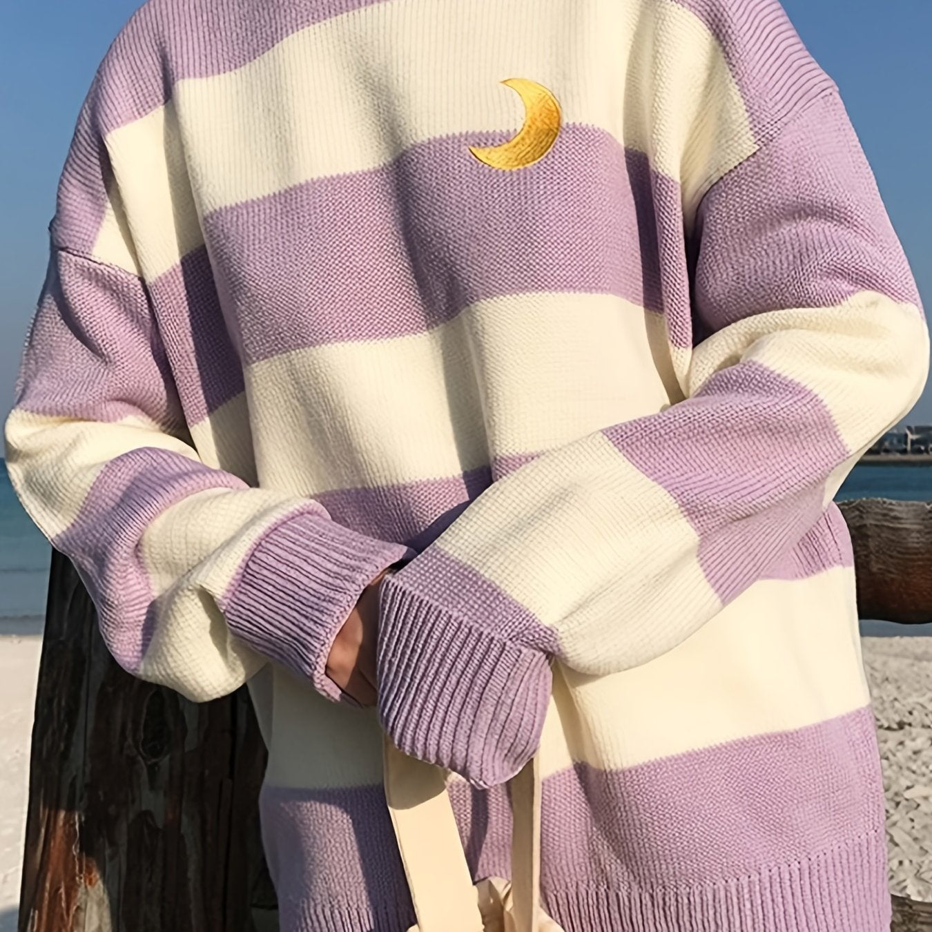 Kawaii Round Neck Striped Pullover Sweater, Casual Every Day Top For Winter & Fall, Women's Clothing