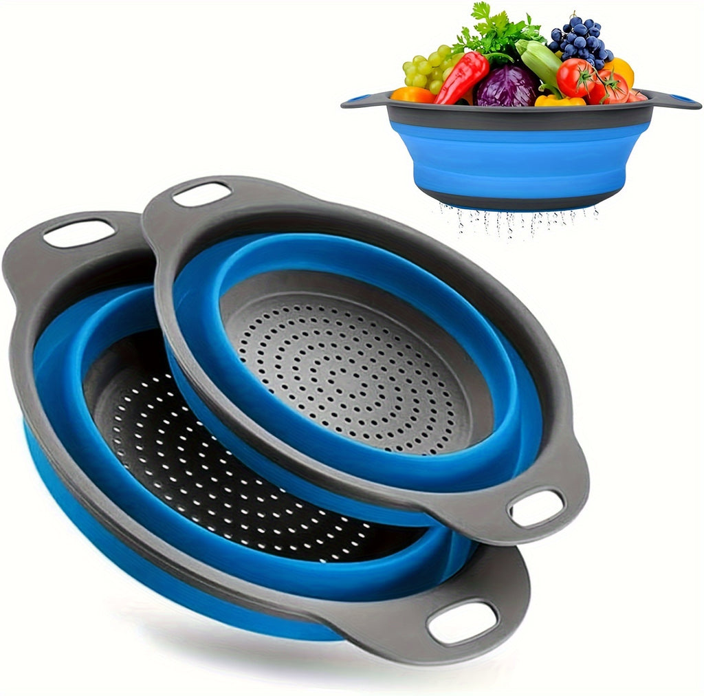 1/2 Set of Round Kitchen Draining Baskets, Foldable Funnel - Includes One Large And One Small, Perfect for Draining Pasta, Vegetables, And Fruits (Green, Red, Blue)
