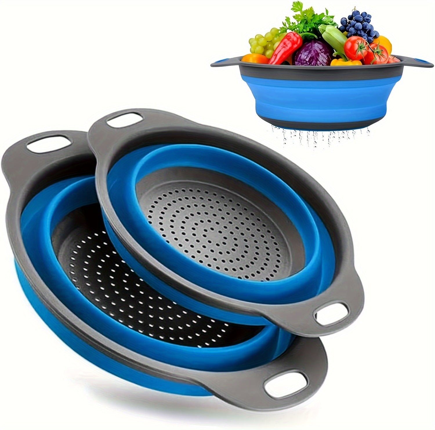 1/2 Set of Round Kitchen Draining Baskets, Foldable Funnel - Includes One Large And One Small, Perfect for Draining Pasta, Vegetables, And Fruits (Green, Red, Blue)