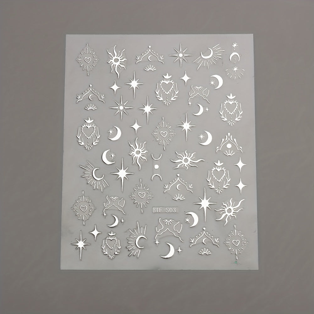 Golden Sun, Moon, and Star Nail Art Stickers - Self-Adhesive 3D Decals for French Nail Design and DIY Decoration
