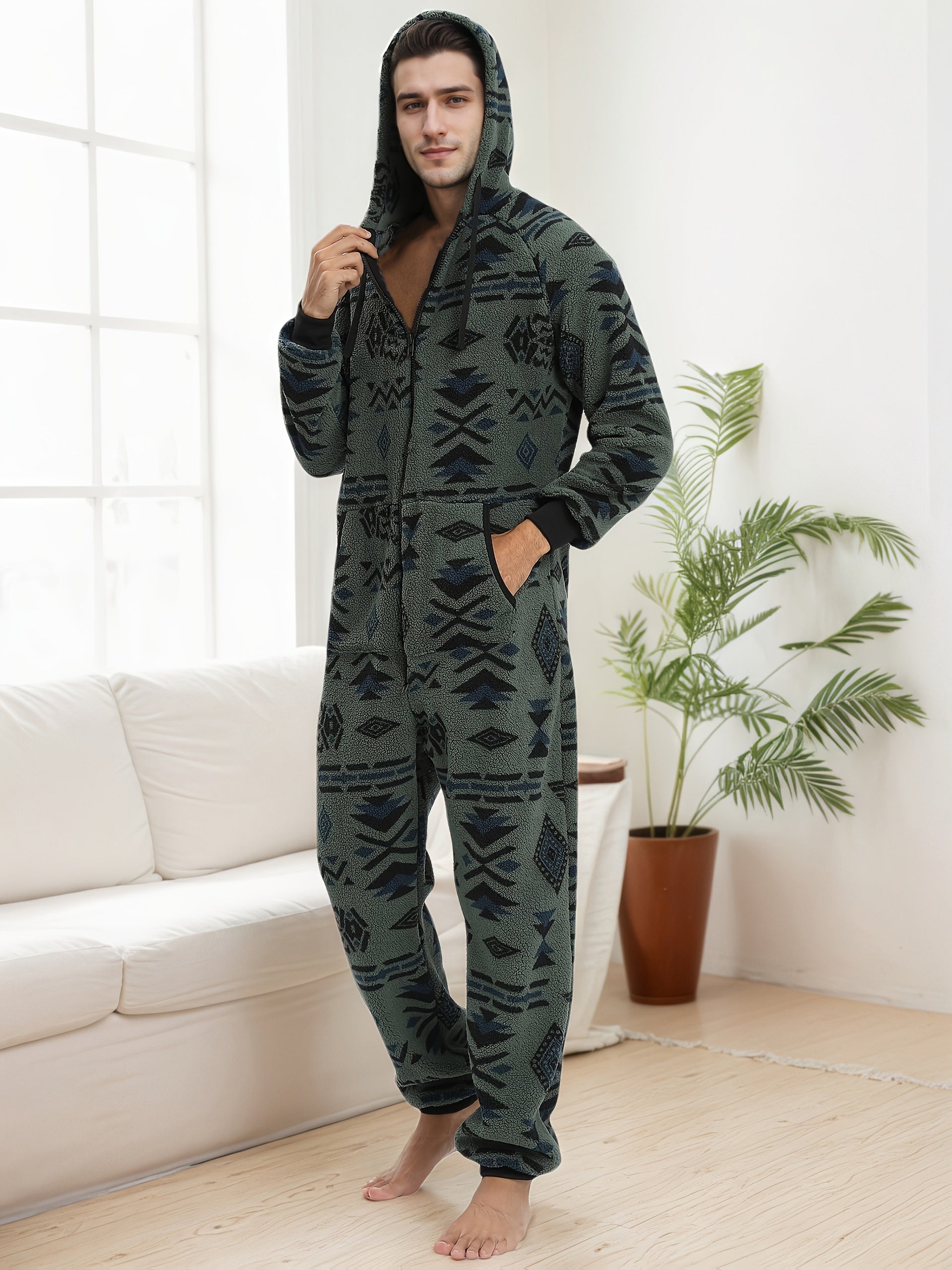 Men'S Heavy-Duty Full-Zip Hooded Onesie - Long Sleeve Winter Sleepwear, Thermal Insulated Lounge suit with Drawstring Hood, Loose Fit Onesie for Cold Weather, Christmas Costume & Everyday Indoor/Outdoor Use - Easy Zipper Clos