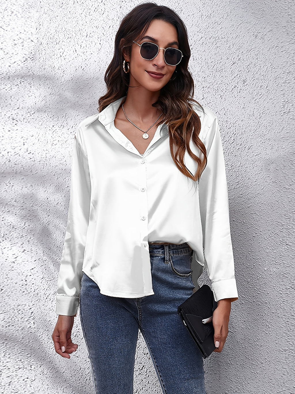 Solid Color Long Sleeve Button Down Tops, Business Casual Blouses For All Seasons, Women's Clothing