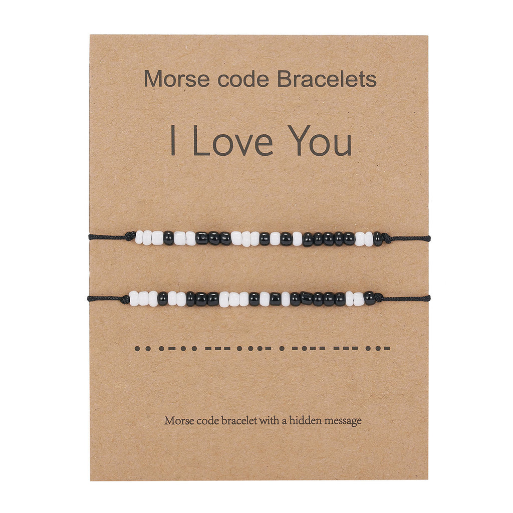I Love You 2pcs/set Morse Code Black And White Rice Beads Woven Adjustable Couple Bracelets