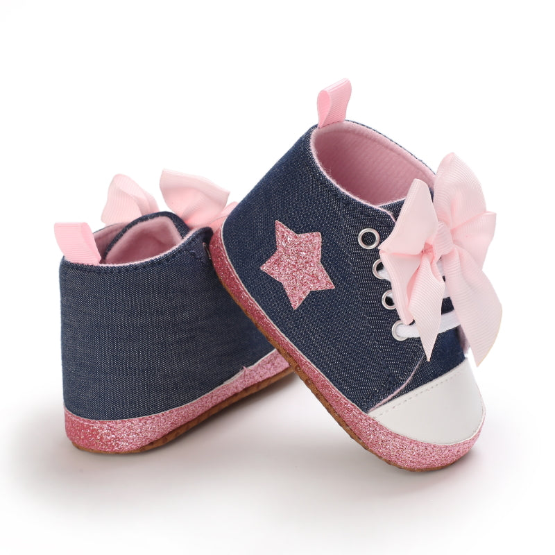 Infant Baby Gils Canvas Shoes, Soft-soled Non-slip High Top First Walker Shoes With Bow Decor