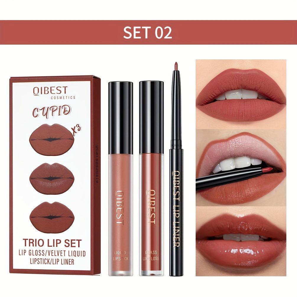 Lip Liner, Lipstick And Lip Gloss Trio Set, Matte Liquid Lipstick + Matching Lip Liner + Lip Gloss Nude Velvety Lipstick Makeup Kit Gift Set, Waterproof Long Lasting, Contains Plant Squalane Formula