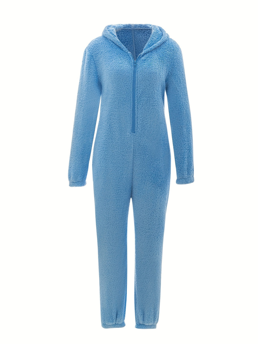 Fuzzy Hooded Pajama Jumpsuit For Music Festival, Comfy & Cute Long Sleeve Zipper Pajamas, Women's Lingerie & Sleepwear