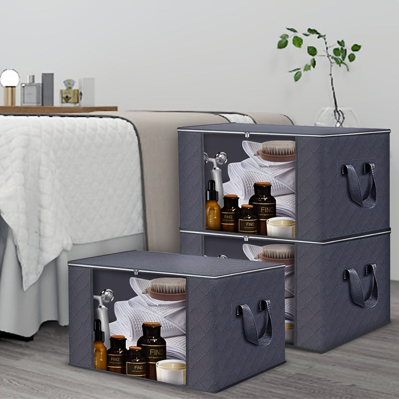 3-Pack Large Capacity Foldable Fabric Storage Bins - Ideal for Bedding, Clothes, Pillows, Quilts - Perfect for Home, Bedroom, Dorm, Spa Wardrobes - Grey Woven Material, No Electricity Needed