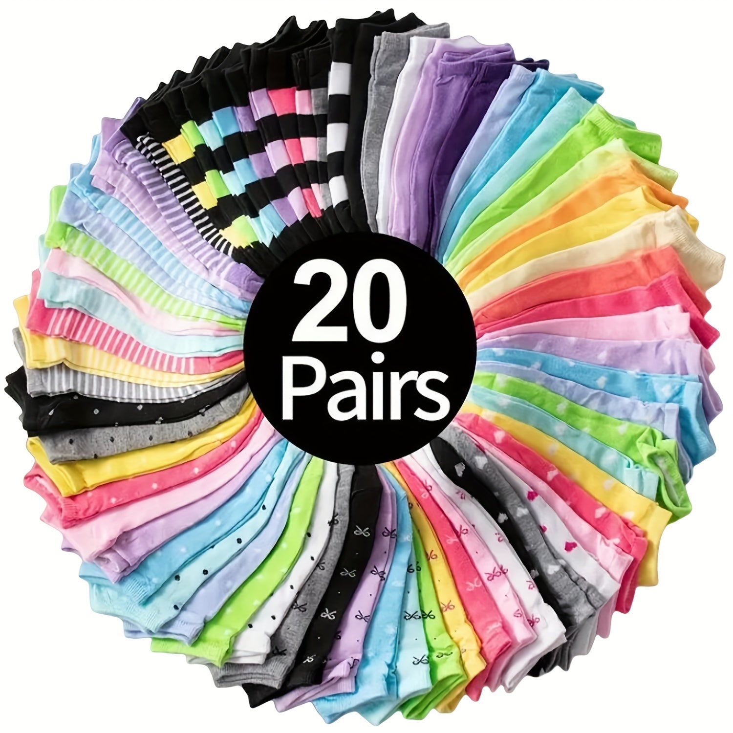 20 Pairs Women's Ankle Socks - Candy Color Assortment with Heart & Striped Patterns, Breathable Ribbed Cuffs, Soft Casual Socks for Casual Attire, Hand Wash Only, Novelty Socks, Playful Fashion, Colorful Design, Comfortable F