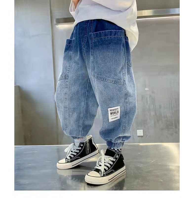 Boys' Light Wash Distressed Faux Denim - Loose Fit Casual Pants with Belt Loops & Button Closure, Machine Washable, Non-Stretch Fabric, Spring/Fall Wardrobe Essential for School, Jeans for Boys