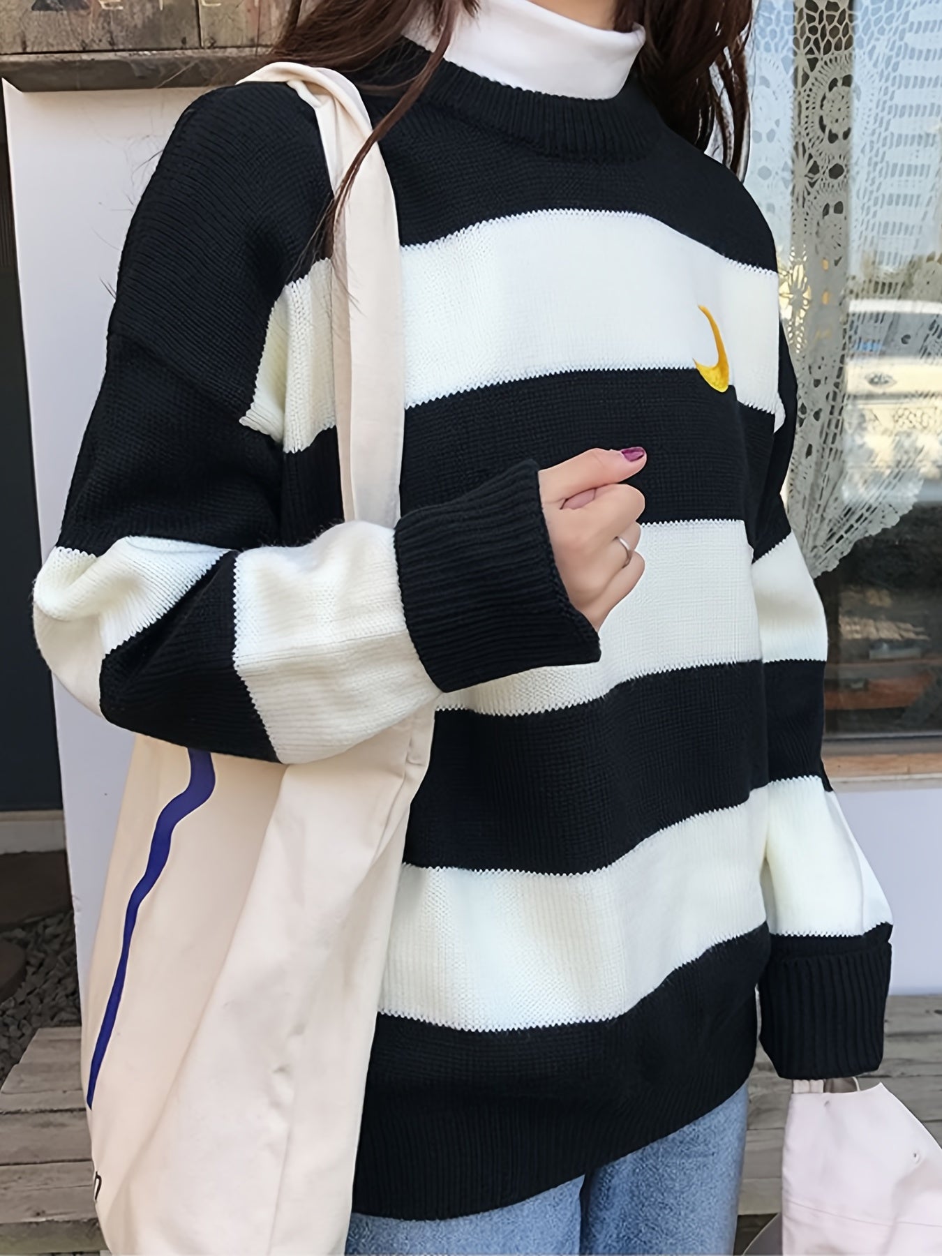 Kawaii Round Neck Striped Pullover Sweater, Casual Every Day Top For Winter & Fall, Women's Clothing