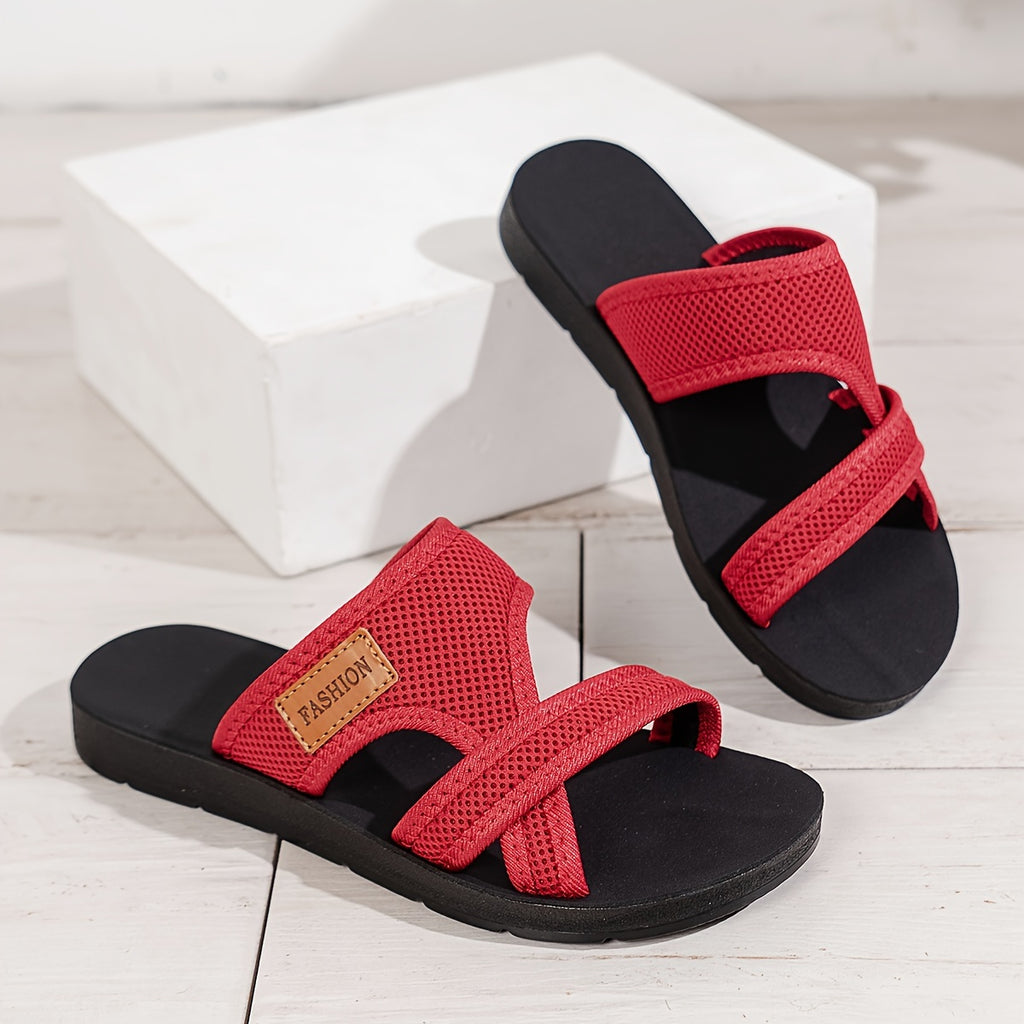 Women's Breathable Mesh Slide Sandals - Comfortable Open-Toe Flat Shoes with Crisscross Straps, Lightweight Summer Footwear in Black/Brown or Red/Black, Casual Indoor & Outdoor Wear, Strappy Sandals