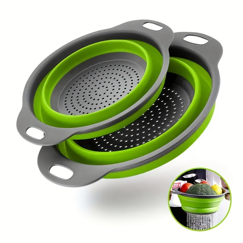 1/2 Set of Round Kitchen Draining Baskets, Foldable Funnel - Includes One Large And One Small, Perfect for Draining Pasta, Vegetables, And Fruits (Green, Red, Blue)