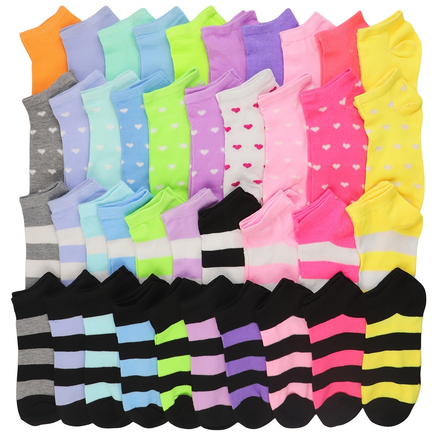 20 Pairs Women's Ankle Socks - Candy Color Assortment with Heart & Striped Patterns, Breathable Ribbed Cuffs, Soft Casual Socks for Casual Attire, Hand Wash Only, Novelty Socks, Playful Fashion, Colorful Design, Comfortable F