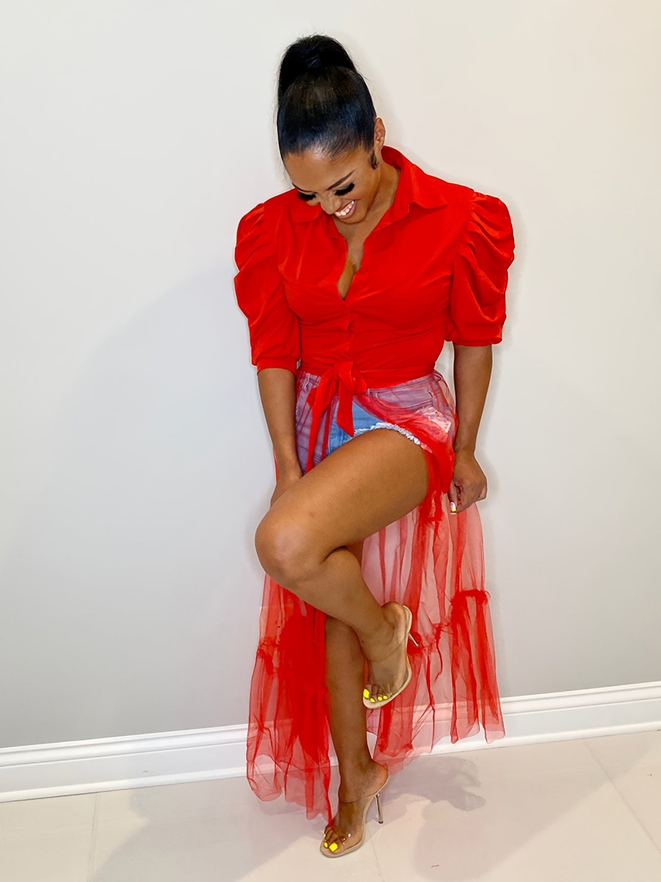 Shirt Top Stitching Mesh Dress, Sexy Short Sleeve Turn Down Collar Tie Waist Dress, Women's Clothing