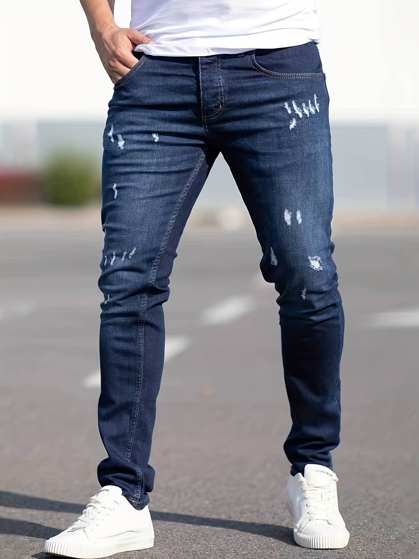 Slim Fit Ripped Jeans, Men's Casual Street Style Distressed Medium Stretch Denim Pants
