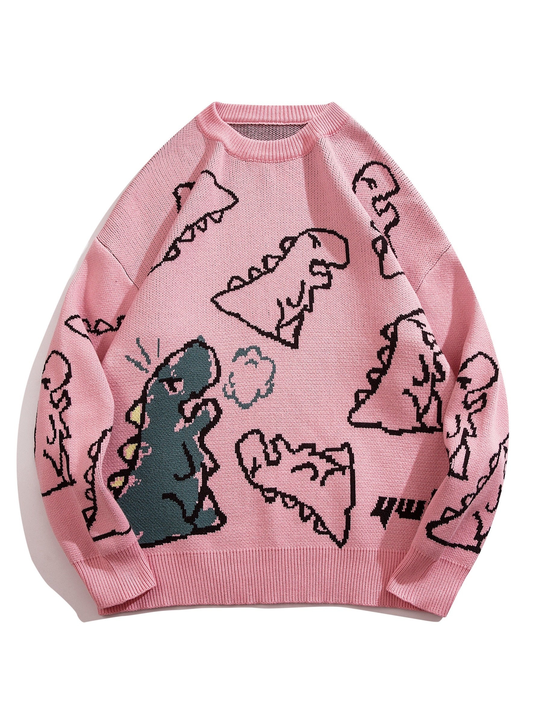 YWFG Unisex Casual Loose Fit Sweater - Black with Blue Dinosaur & Cloud Design, Long Sleeve Round Neck Pullover for Men & Women, Cozy Fall/Winter Knitwear, Dinosaur Clothes, Fall Winter Apparel, Playful Graphic Design, Comfor