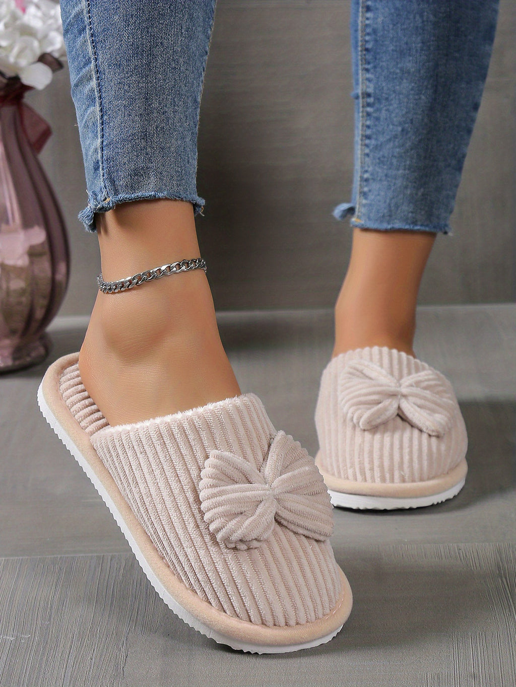 Cute Bowknot Soft Sole Fuzzy Slippers, Winter Cozy & Warm Slip On Plush Shoes, Comfy Closed Toe Home Slippers