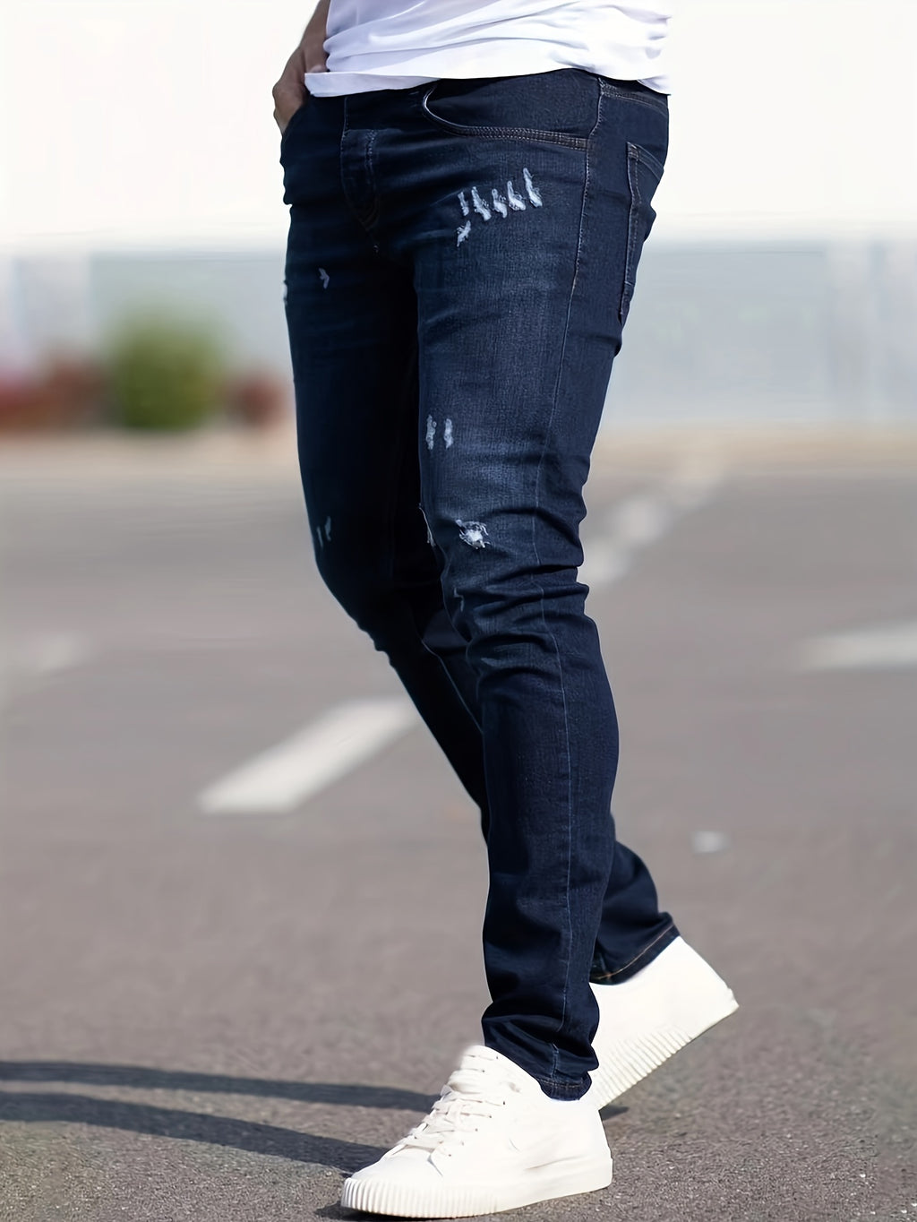 Slim Fit Ripped Jeans, Men's Casual Street Style Distressed Medium Stretch Denim Pants