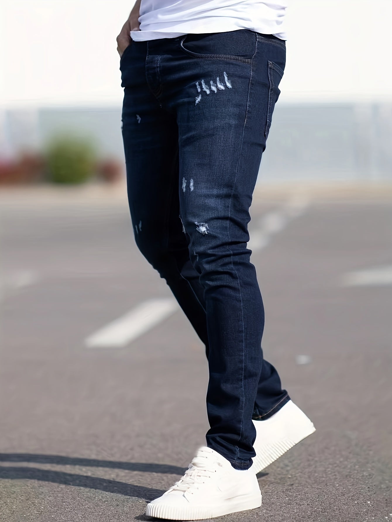 Slim Fit Ripped Jeans, Men's Casual Street Style Distressed Medium Stretch Denim Pants