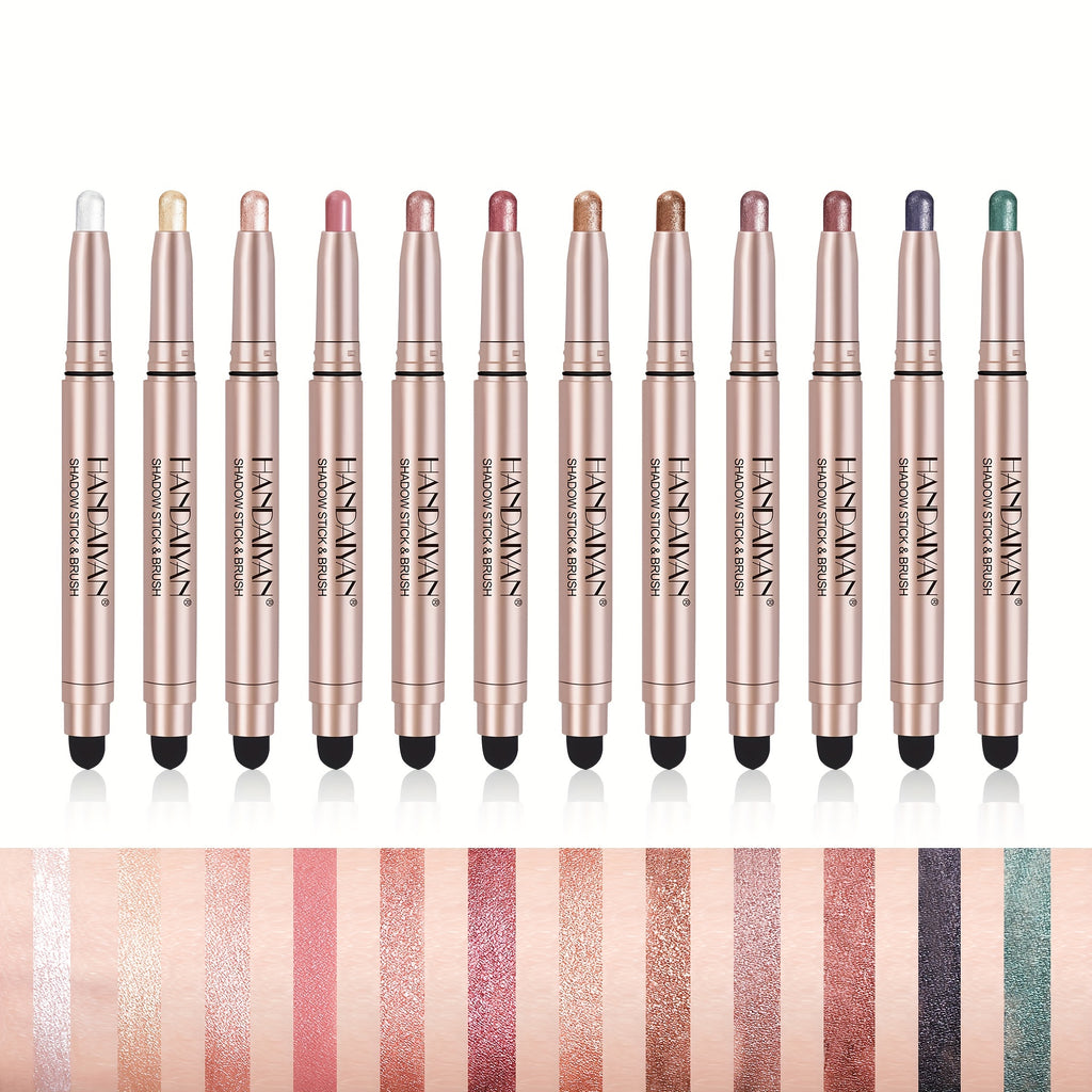 12 Pcs Highlighter Eyeshadow Pen, Matte Creamy Eyeshadow Stick Set With Sponge Brush, Shimmer Metallic Eyeshadow Pencil, Waterproof Long Lasting Eye Brightener Stick, Glitter Multi-Dimensional Eye Makeup For Music Festival