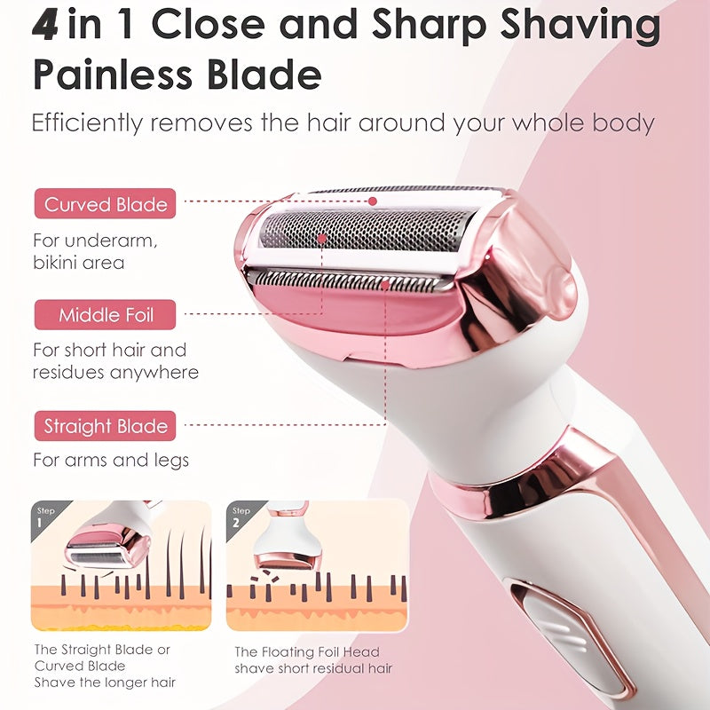 [Mother's Day Gift] 4-in-1 Rechargeable Electric Razor for Women Face, Nose, Legs, Underarm, Bikini Trimmer, Women's Electric Shaver Painless Grooming Kit - Portable USB Charging