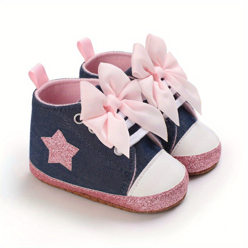 Infant Baby Gils Canvas Shoes, Soft-soled Non-slip High Top First Walker Shoes With Bow Decor