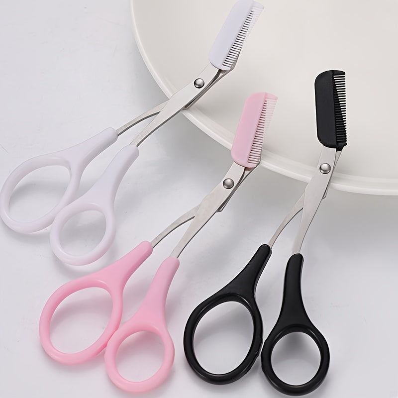 [Elegant Style] Stainless Steel Eyebrow Trimming Scissors with Pink Comb - Safe, Mini Makeup Grooming Tool for Perfectly Shaped Eyebrows, No Power Needed