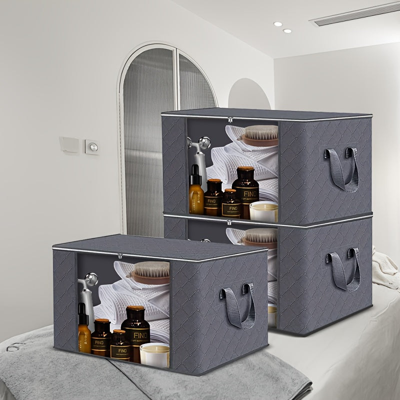 3-Pack Large Capacity Foldable Fabric Storage Bins - Ideal for Bedding, Clothes, Pillows, Quilts - Perfect for Home, Bedroom, Dorm, Spa Wardrobes - Grey Woven Material, No Electricity Needed