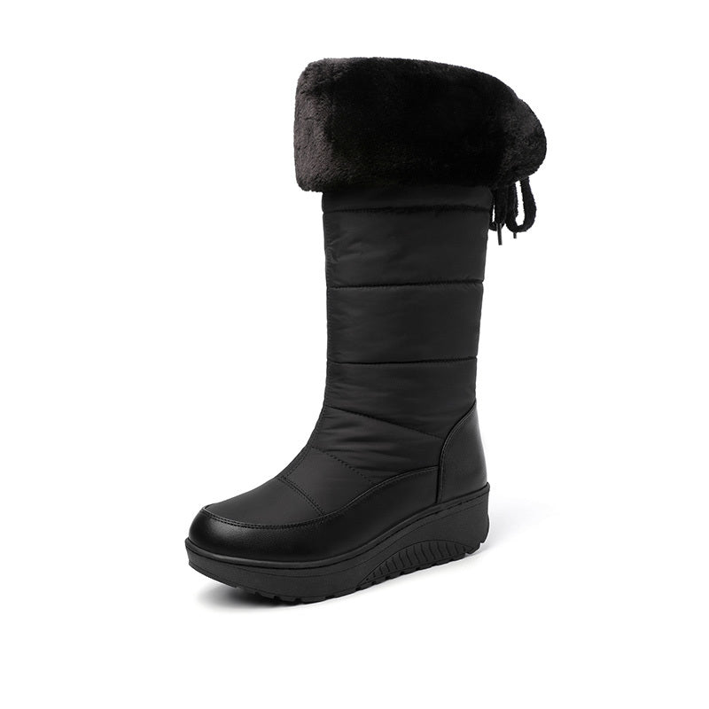 Waterproof Non-slip Outdoor Knee Boots, Warm Plush Inner Flat Lace Up Back Sports Sneakers, Women's Footwear