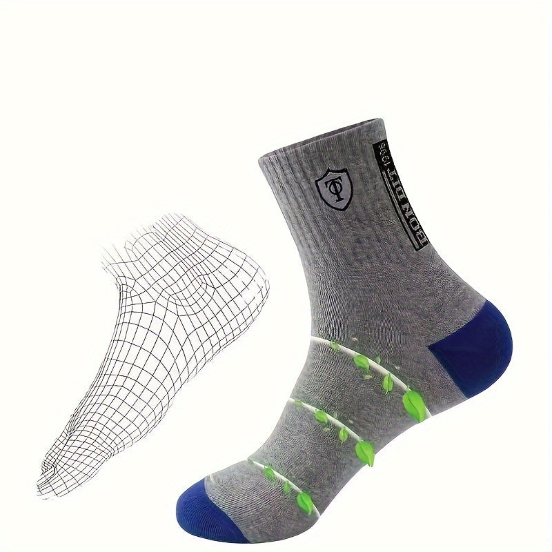 [5 Pairs Sweat-Resistant Crew Socks] 5 Pairs Men'S Athletic Crew Socks, Moisture-Wicking Knit Fabric, Solid Color, Polyester 75%, Spandex 25%, with Embroidered Badge, for Hand Wash Only, Sweat-Resistant