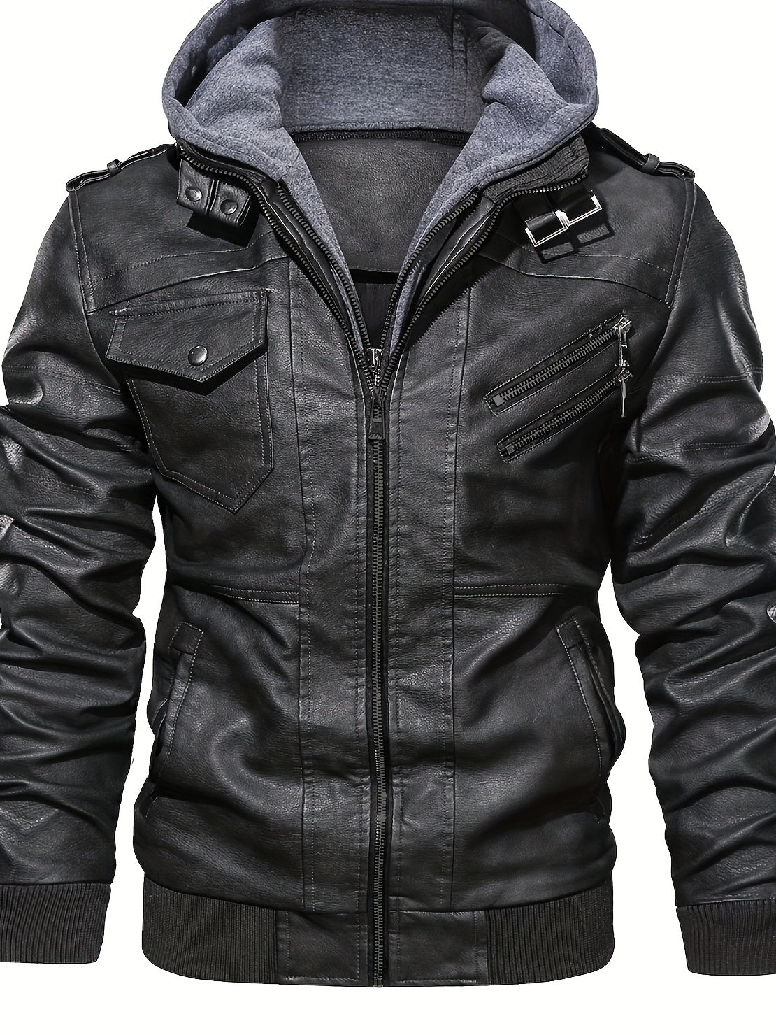 Men's PU Leather Hooded Pockets Zipper Long Sleeves Jackets