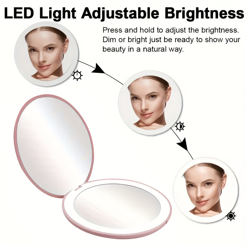 1pc Compact Round Foldable LED Vanity Mirror - Travel Portable Lighted Makeup Mirror for Purse Handbag - 2x Magnification, Double-sided, Handheld, Mini Touch-up Mirror with Light for Travel Essentials