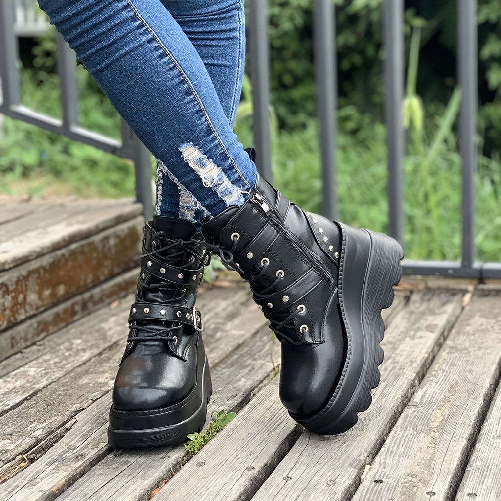 Women'S Chunky Platform Boots - Gothic Punk Boots with Lace-Up Closure, Thick Platform Heels for Height Increase, PU Sole - Edgy Gothic Punk Shoes for Concerts, Parties, Everyday - Synthetic Cover Gothic Footwear Gift for Wom