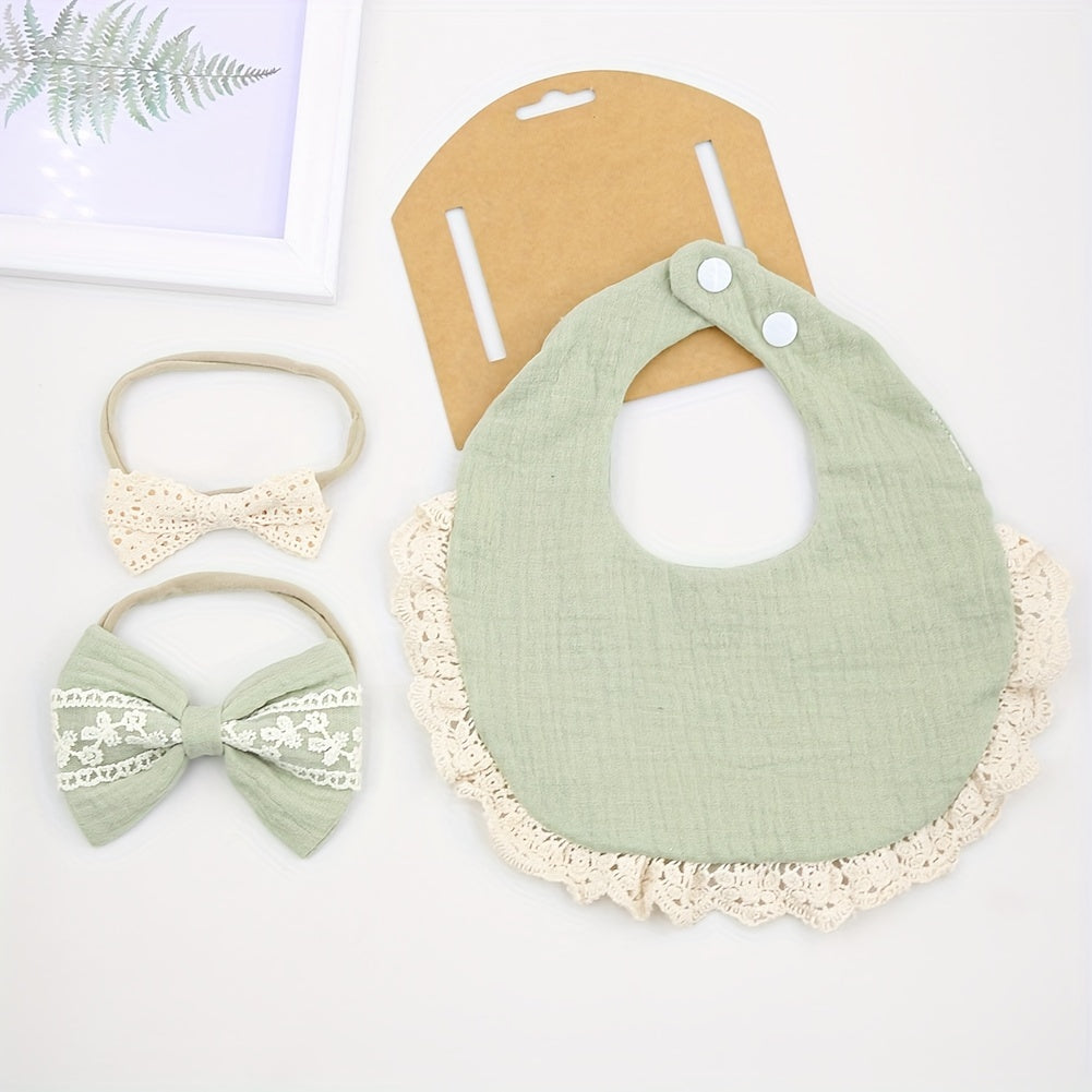 Two Headbands + One Bib Set, New Baby Bib, Kids Lace Bow Headband, Baby Crepe Stain Resistant Bib Set