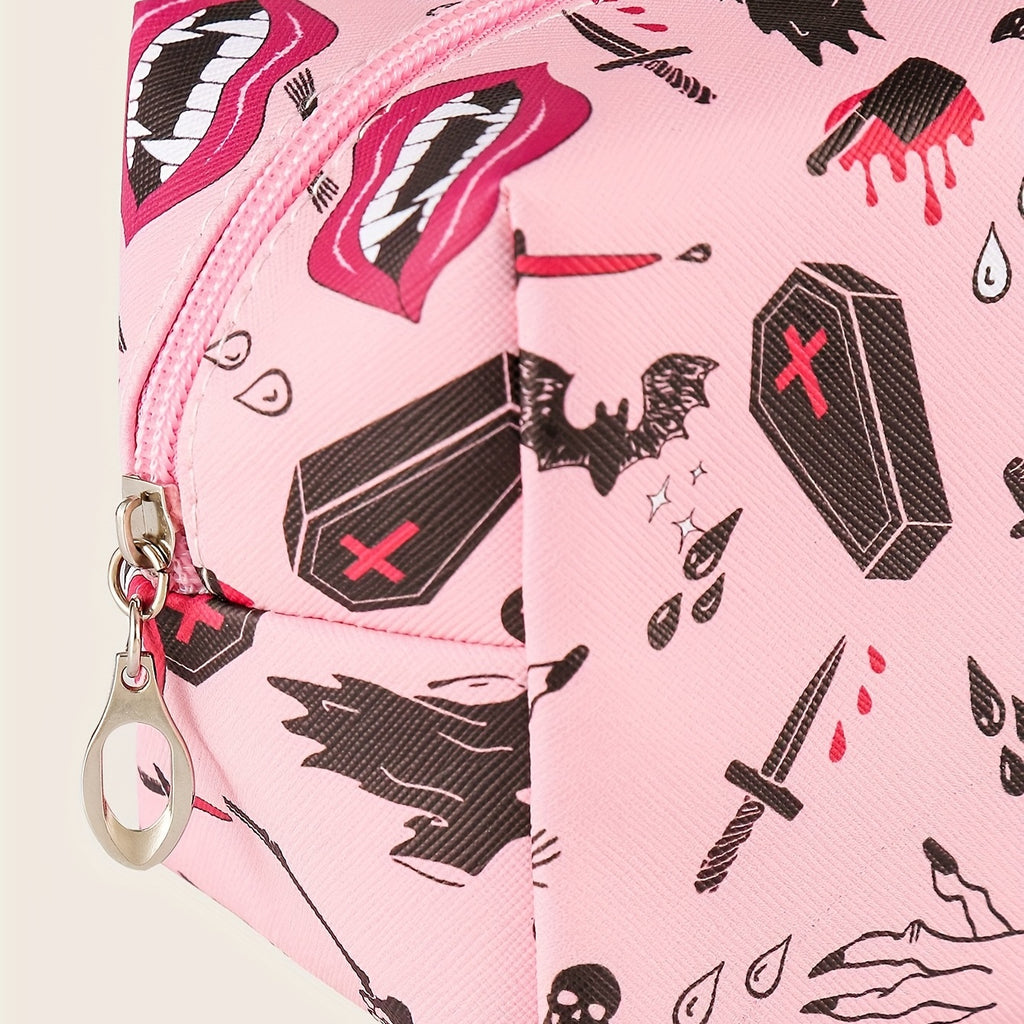 Halloween Skeleton Bat Pattern Makeup Bag Pink Roomy Square Zipper Pouch Travel Toiletries Organizer Gift For  ladies Women Men