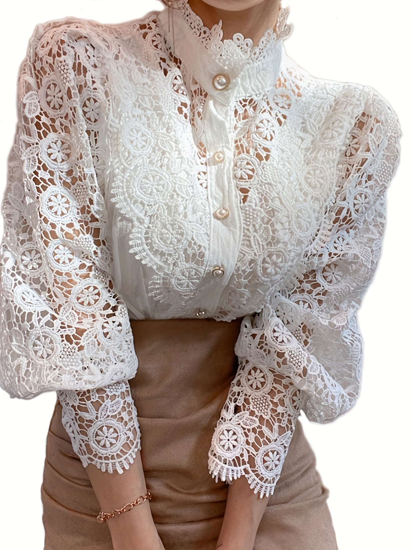 Women's Victorian Shirt - Elegant Blouse with Lace Sleeve cuffs, Vintage Button-Up Blouse for Wedding, Office, Party - Non-Stretch Formal Top (Hand Wash/Dry Clean) - Elegant Ladies Blouse, Wedding Guest Attire, Classic Collar